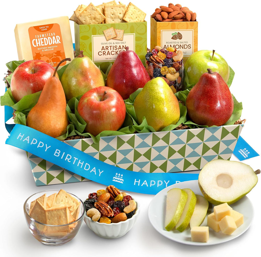 A Gift Inside Fruitfully Classic Happy Birthday Fresh Fruit Basket with Cheese and Nuts