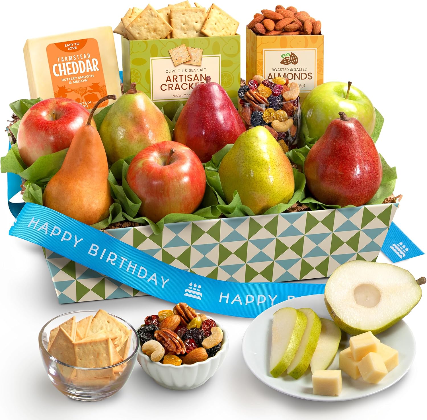 A Gift Inside Fruitfully Classic Happy Birthday Fresh Fruit Basket with Cheese and Nuts