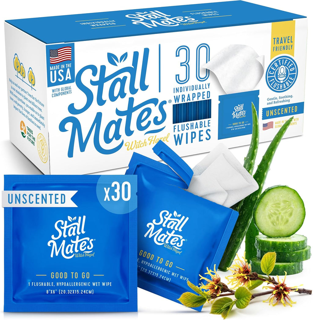 Stall Mates Witch Hazel: Flushable Wipes, Individually Wrapped, Travel Friendly, Soothing Witch Hazel, Unscented with Cucumber, Aloe and Chamomile, (30 on-the-go singles)