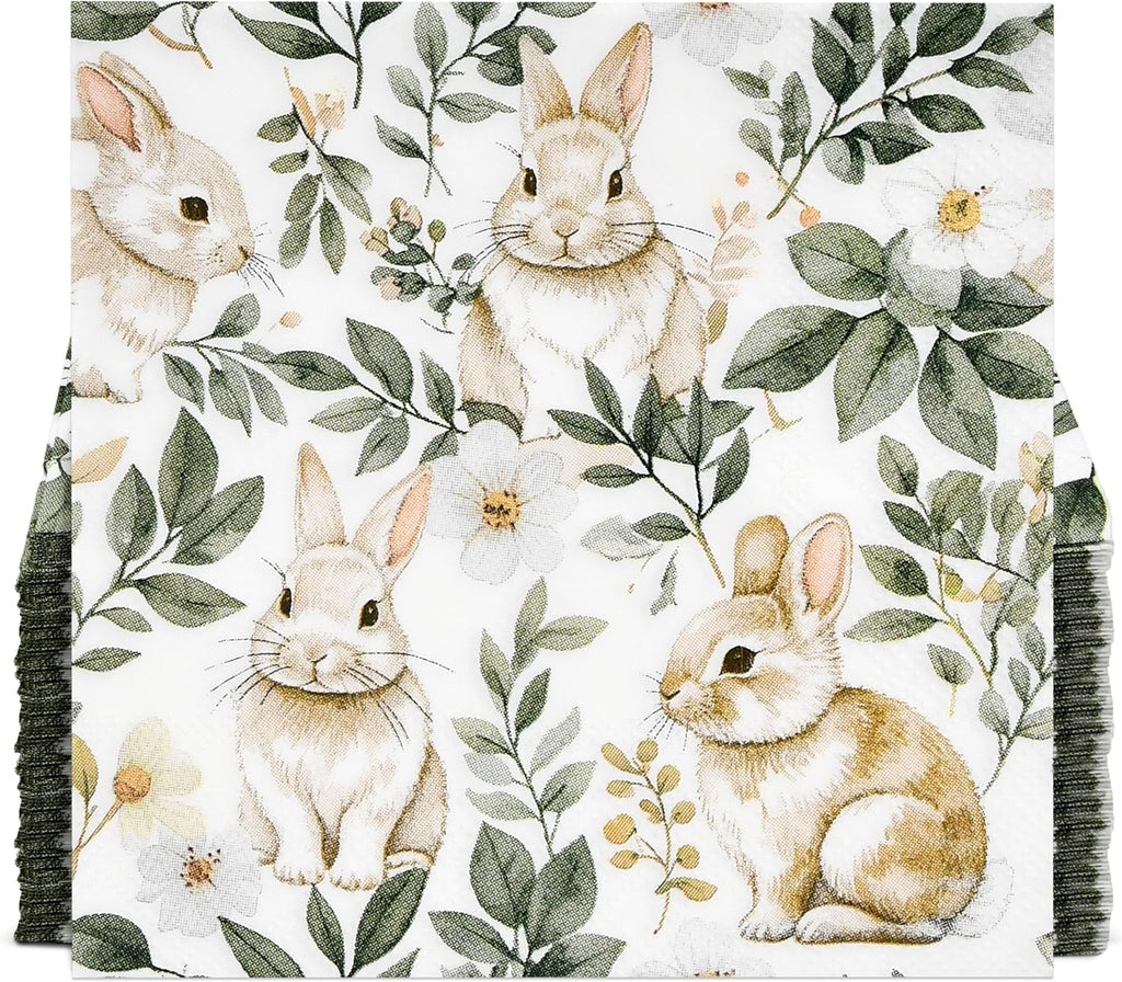 Easter Bunny Cocktail Napkins 100 Pack 3 Ply Paper Napkins Vintage Floral Rabbit Design Spring Party Disposable Dessert Beverage Table Supplies