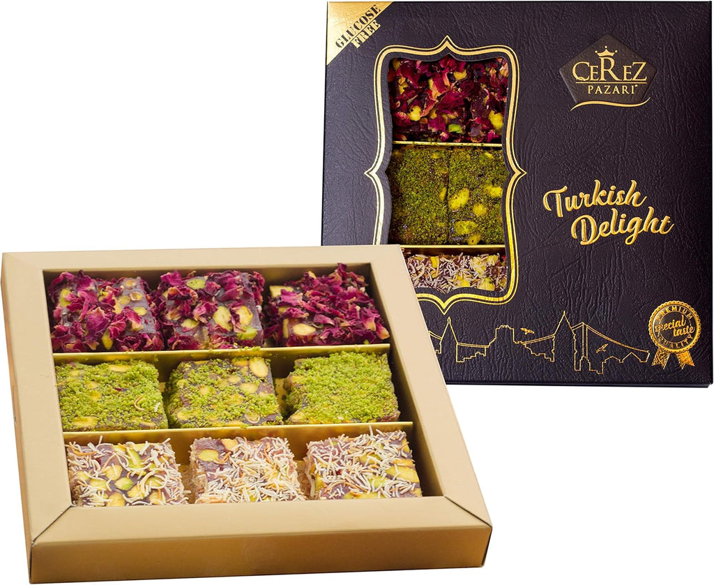 Cerez Pazari Turkish Delight Pistachio with Fantastic Rose & Pomegranate Flavour Experience in Luxury Gift Box 8.8 oz | Assorted Gourmet Soft Candy, Sweet Vegan Traditional Lokum (Loukoumi) (9-11 Pcs)