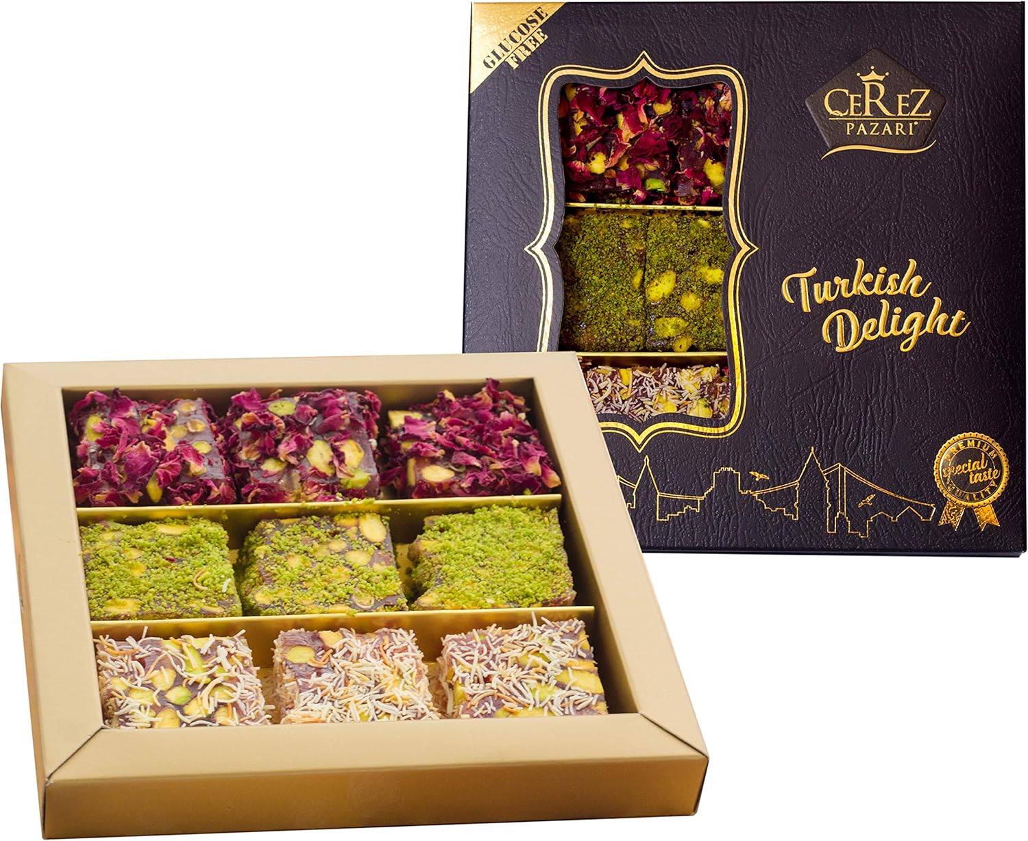Cerez Pazari Turkish Delight Pistachio with Fantastic Rose & Pomegranate Flavour Experience in Luxury Gift Box 8.8 oz | Assorted Gourmet Soft Candy, Sweet Vegan Traditional Lokum (Loukoumi) (9-11 Pcs)