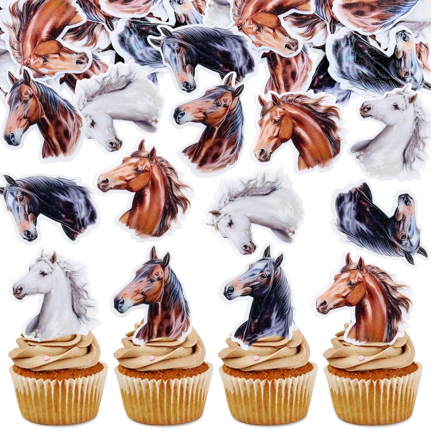 Ercadio 40Pcs Edible Printed Horse Cupcake Topper Edible Horse's Head Cupcake Picks for Horse Racing Derby Party Western Cowboy Theme Baby Shower Horse Lover Birthday Cake Decoration