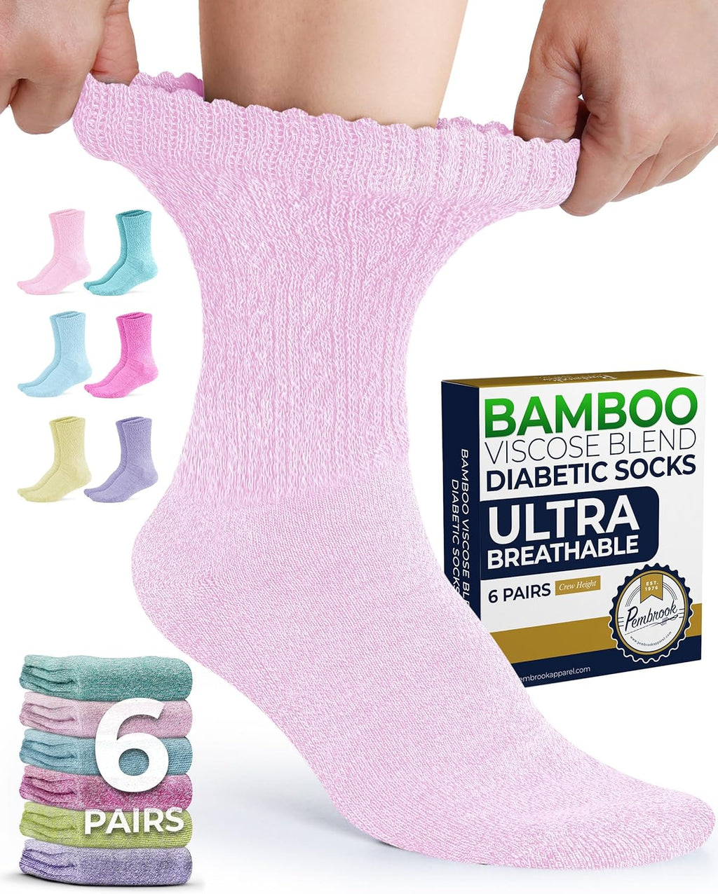 Pembrook Diabetic Socks for Women - 6 Pairs Cable Knit Viscose Bamboo Socks Woman, Non-Binding Top, Moisture-Wicking