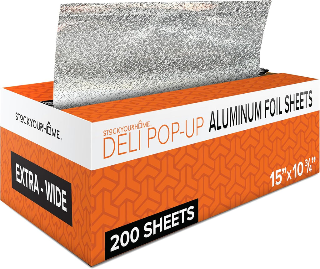 Stock Your Home Aluminum Foil Sheets, 200 Count, 15' Extra Wide Heavy Duty, Pop Up Foil Sheets for Restaurant, Deli, Home Use