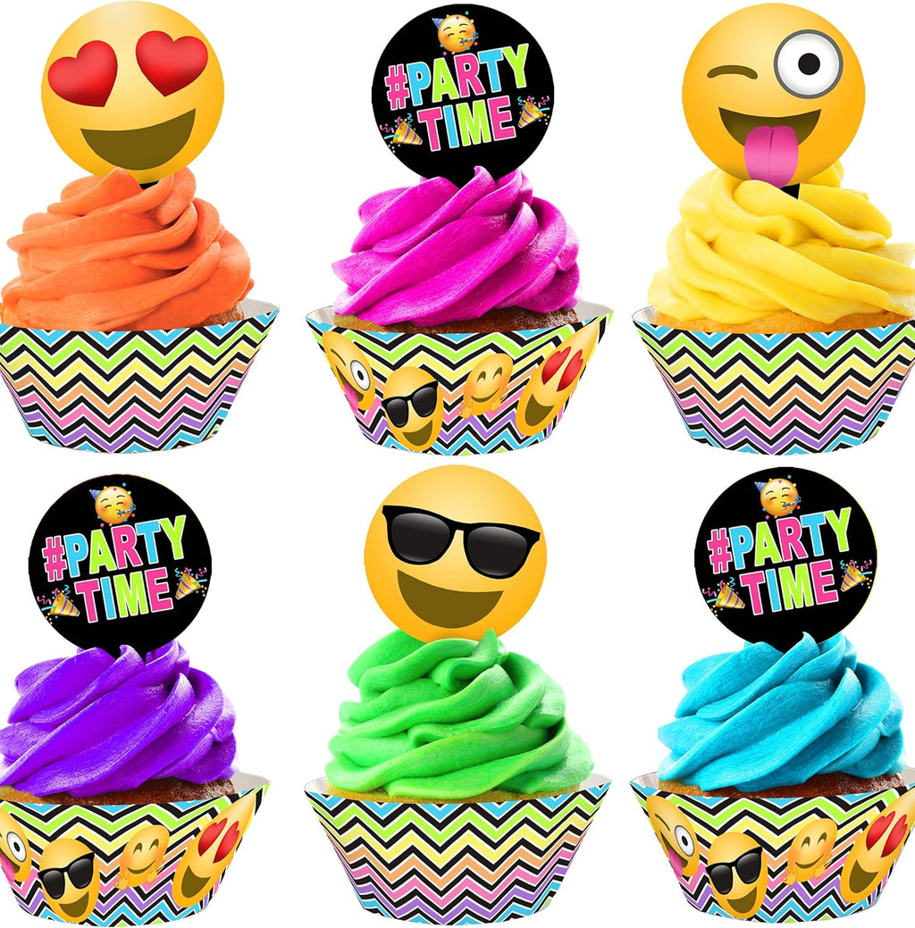 Smile Face Cupcake Kit - 48 Pieces - 24 Cupcake Toppers and 24 Cupcake Wrappers - Silly Face Party Supplies - Emoticon Party Decorations - Cupcake