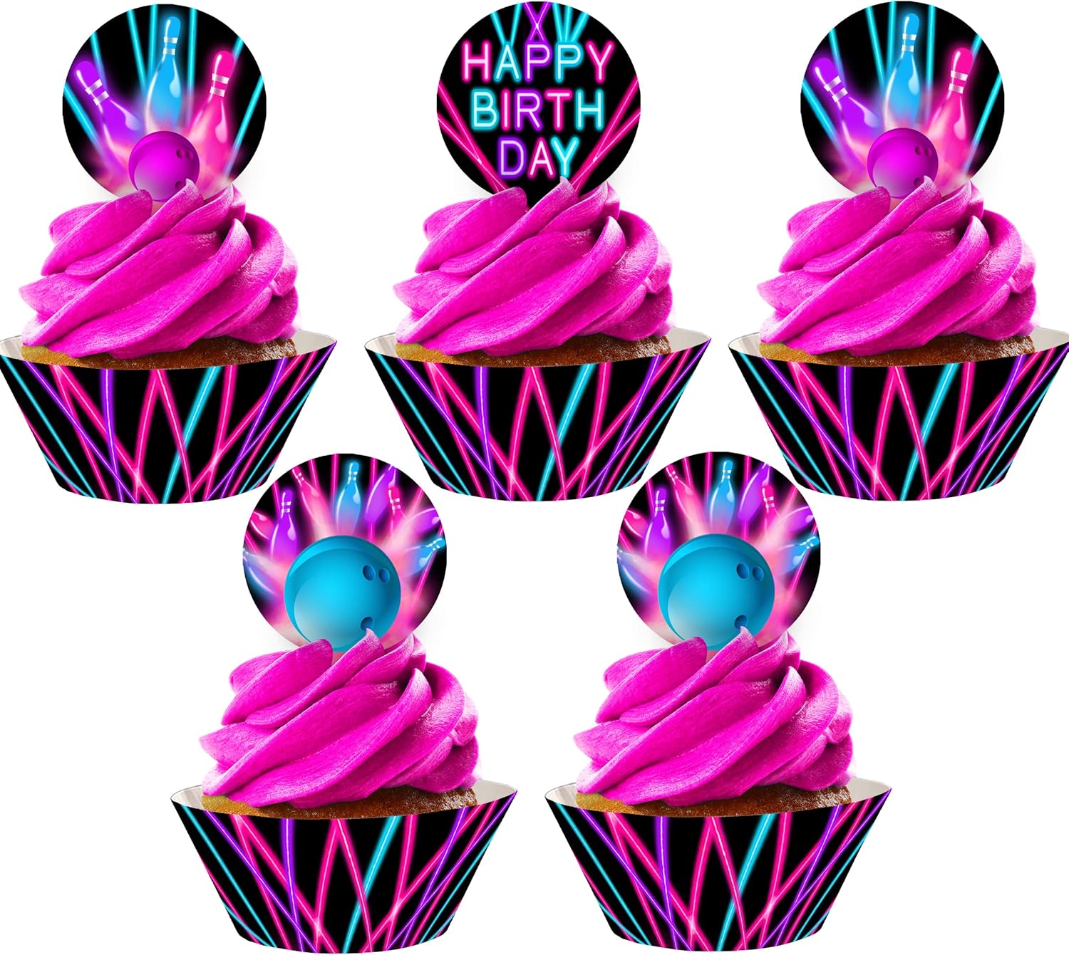 Bowling Cupcake Toppers and Cupcake Wrappers - 24 Cupcake Toppers and 24 Cupcake Wrappers - Bowling Party Supplies - Bowling Party Decorations - Glow Pink Cupcake