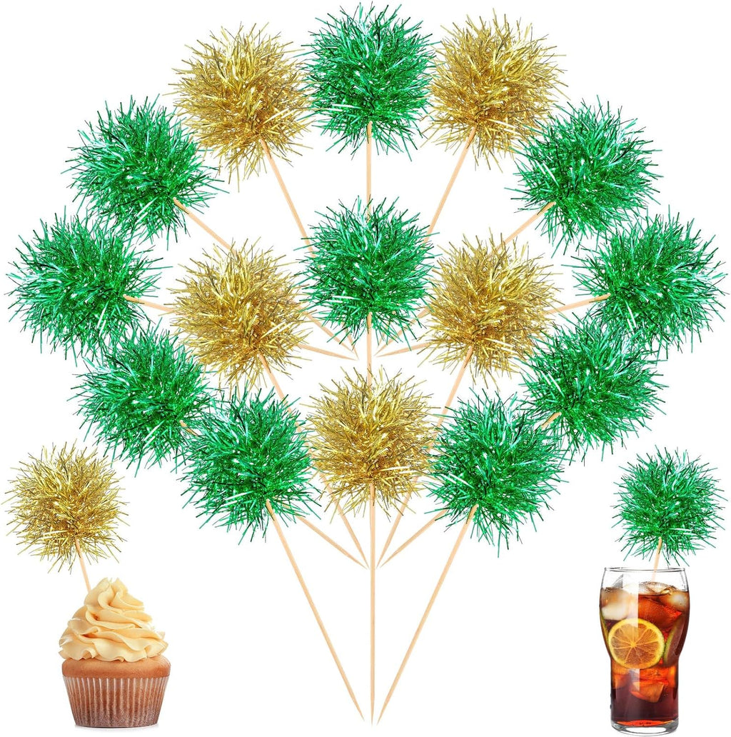 Chinco 100 Pcs Foil Firework Cupcake Toppers Sparkle Tinsel Cake Toppers Cake Decoration Cocktail Fruit Toothpick for Christmas Birthday Wedding Graduation Party Decoration (Green, Gold)