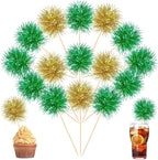 Chinco 100 Pcs Foil Firework Cupcake Toppers Sparkle Tinsel Cake Toppers Cake Decoration Cocktail Fruit Toothpick for Christmas Birthday Wedding Graduation Party Decoration (Green, Gold)