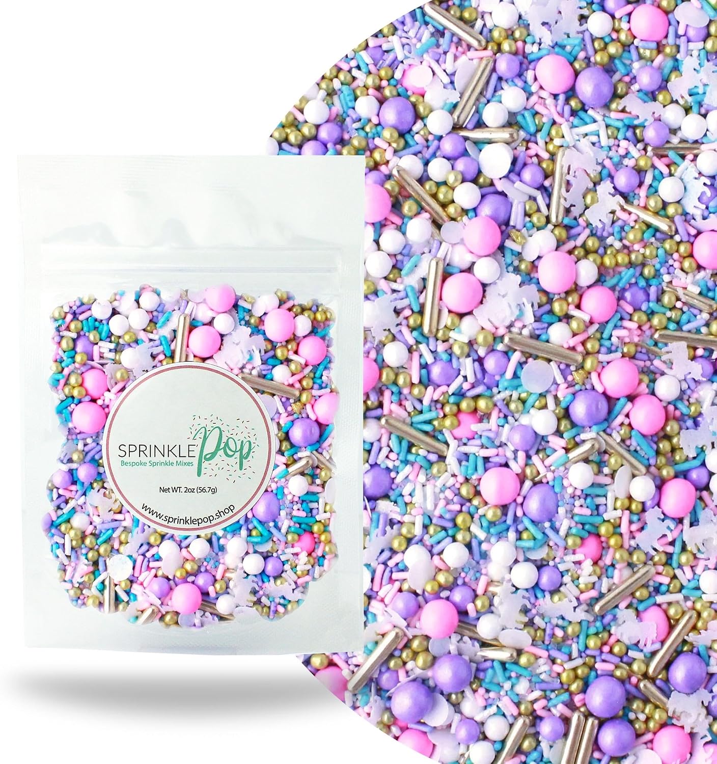 Sprinkle Pop Unicorn Sprinkle Mix| Pastel Pink Purple Blue White Sprinkles with ~10 Unicorn Wafer Paper and Gold Dragees Made in USA for Decorating Princess Birthday Cakes Cupcakes Donuts Cookies, 2oz