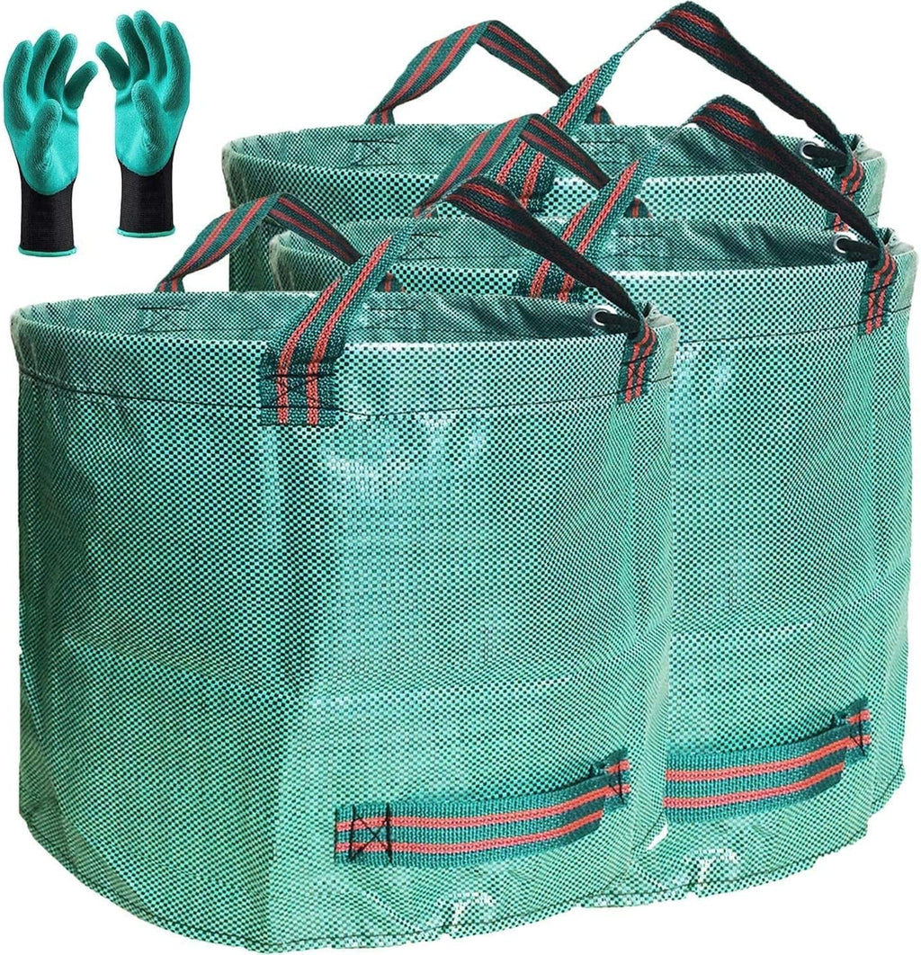Professional 3-Pack 137 Gallon Extra Large Lawn Garden Bags (D34,H34 in) Reusable Yard Waste Bags with Gardening Gloves for Big Leaf Bag,Lawn Weeds,Grass Clippings Bag,Yard Debris Containers 4 Handles