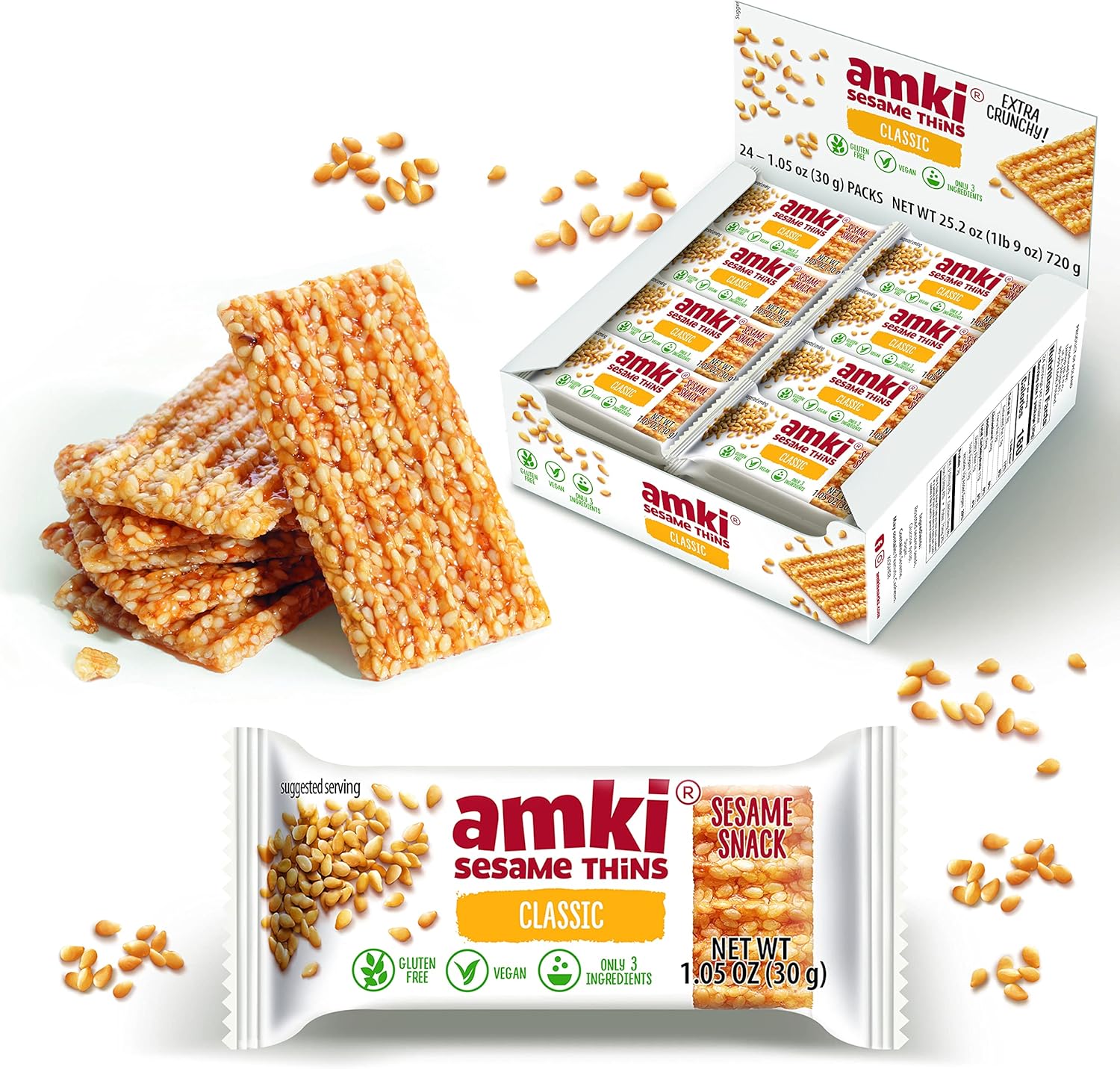 Amki Sesame Thins Classic (Sesame Snaps), Gluten Free, Vegan, Delicious, Crunchy, Sensibly Sweet Snacks. 24 Pack, 720g