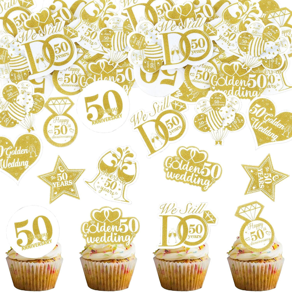 40PCS Edible 50th Anniversary Cupcake Toppers Golden Happy Wedding Glutinous Rice Paper We Still Do 50 Years Picks Birthday Party Cake Decorations Supplies gold