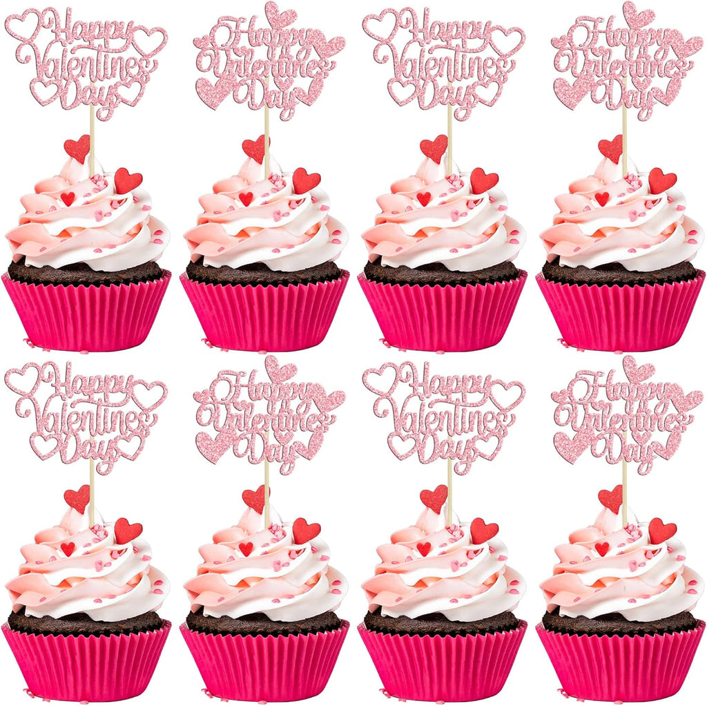 24Pcs Happy Valentine's Day Cupcake Toppers with Heart Glitter Sweet Love Theme Cupcake Picks Valentine's Day Cake Decorations for Valentine's Day Theme Birthday Party Supplies Pink