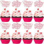 24Pcs Happy Valentine's Day Cupcake Toppers with Heart Glitter Sweet Love Theme Cupcake Picks Valentine's Day Cake Decorations for Valentine's Day Theme Birthday Party Supplies Pink