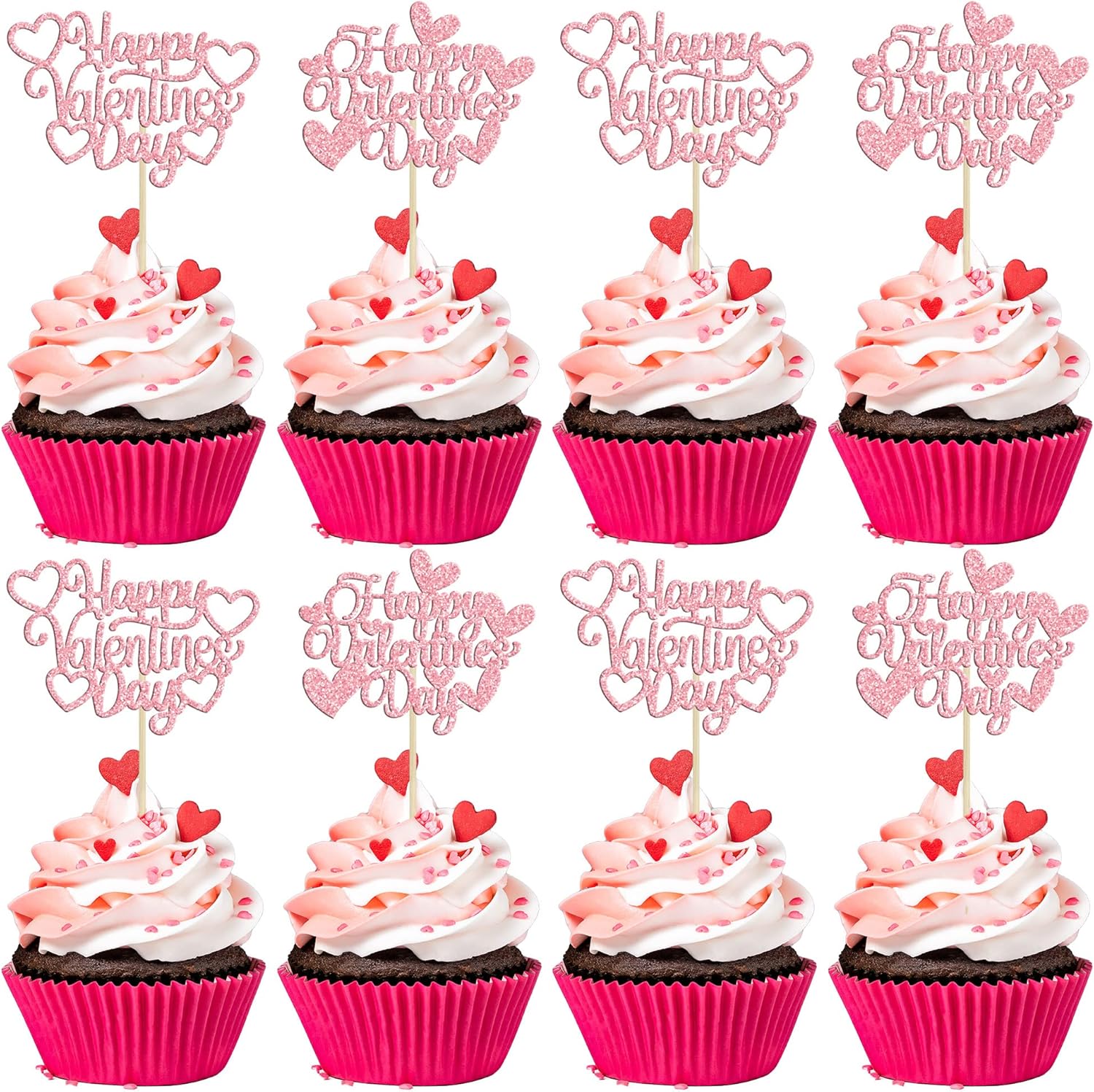 24Pcs Happy Valentine's Day Cupcake Toppers with Heart Glitter Sweet Love Theme Cupcake Picks Valentine's Day Cake Decorations for Valentine's Day Theme Birthday Party Supplies Pink
