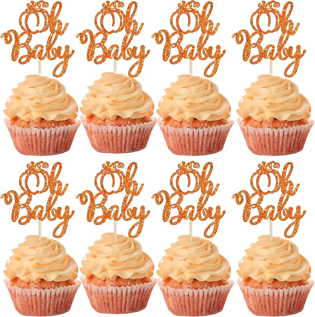 Ephlyn 24Pcs Pumpkin Oh Baby Cupcake Toppers Glitter Fall Theme Pumpkin Cupcake Picks Baby Shower Cake Decorations for Pumpkin Theme Gender Reveal Kids Birthday Party Supplies Orange