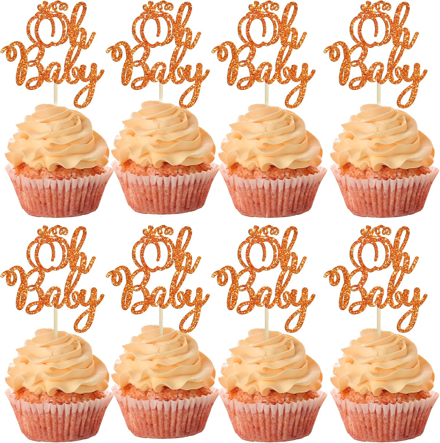 Ephlyn 24Pcs Pumpkin Oh Baby Cupcake Toppers Glitter Fall Theme Pumpkin Cupcake Picks Baby Shower Cake Decorations for Pumpkin Theme Gender Reveal Kids Birthday Party Supplies Orange