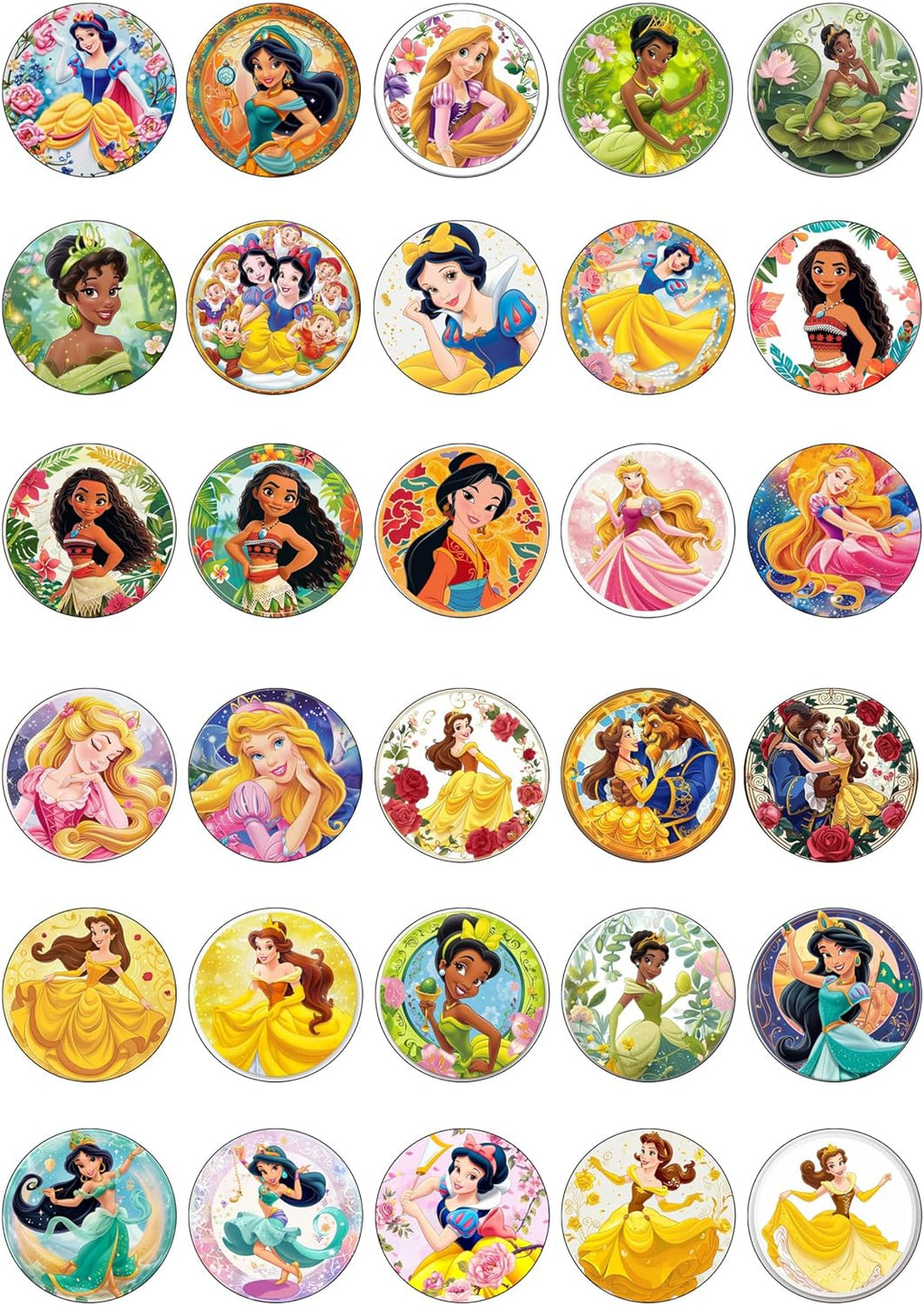 30 x Edible Cupcake Toppers –Princess Themed Collection of Edible Cake Decorations | Uncut Edible on Wafer Sheet