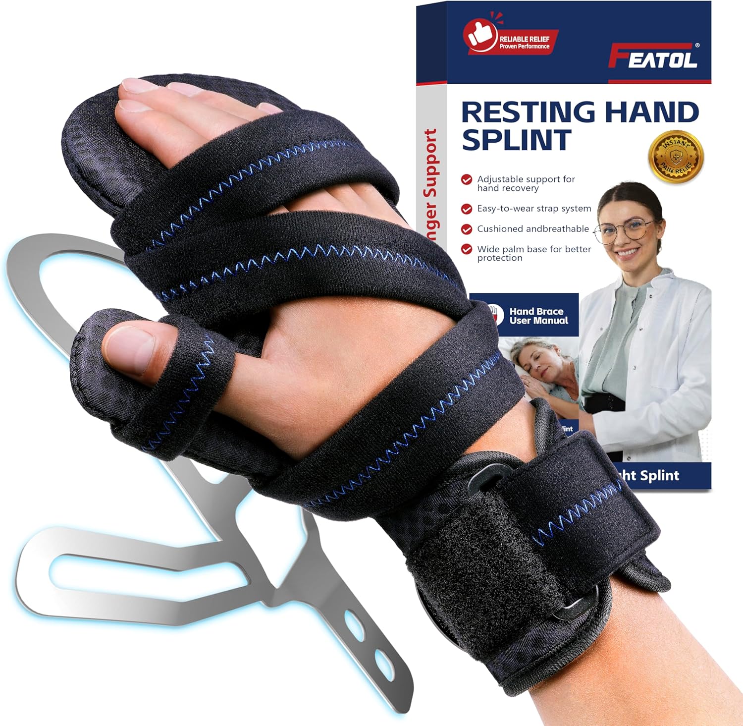 FEATOL Resting Hand Splint with Thumb Support for Men and Women, Adjustable Night Hand Brace Splint for Carpal Tunnel, Arthritis, Tendinitis, Stroke Recovery, Right Small/Medium