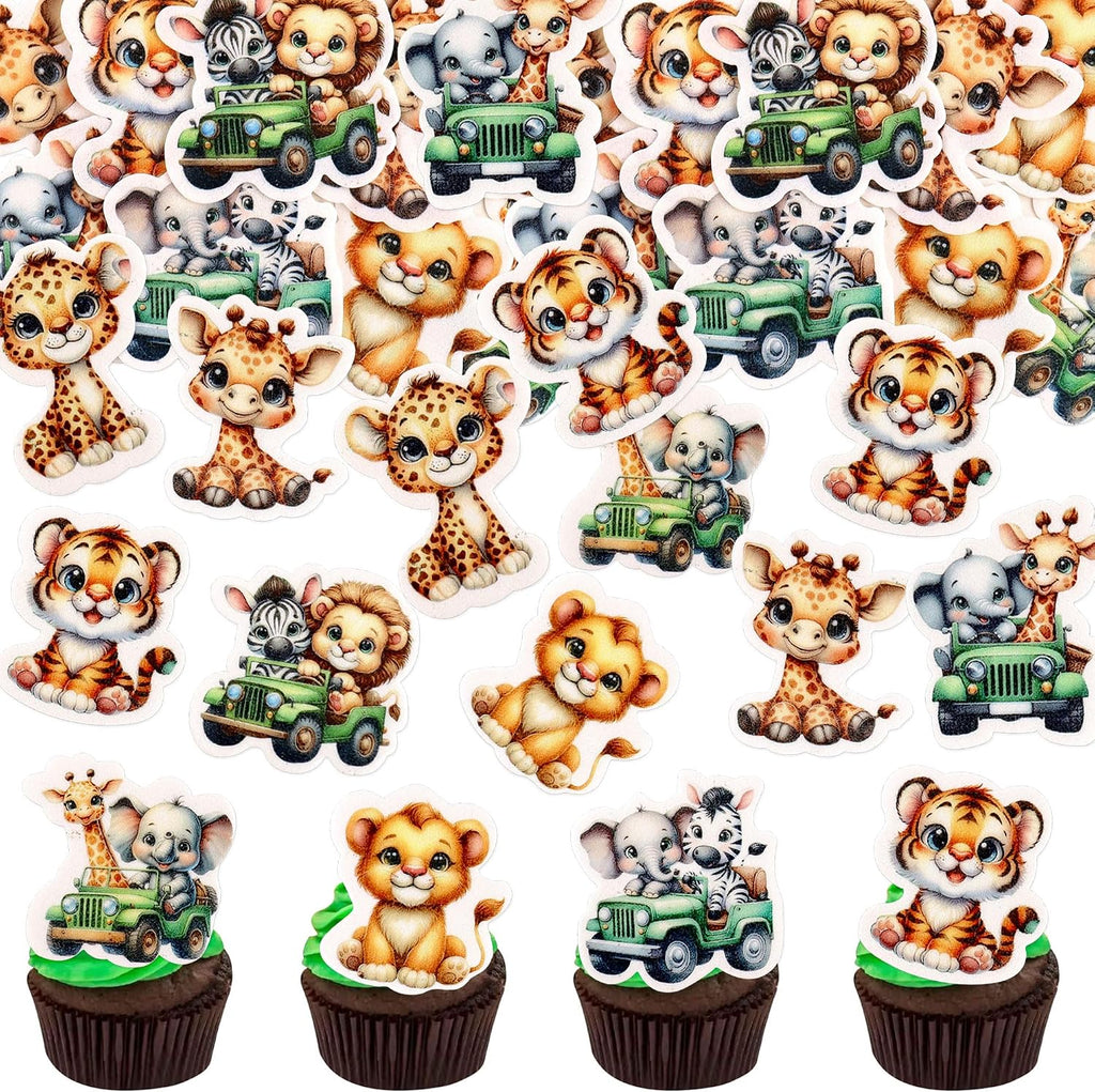 40Pcs Edible Cute Safari Animal Baby Cupcake Toppers Edible Lion Tiger Giraffe Elephant Babies Cupcake Picks for Safari Animal Baby Shower Kids Boys Girls Birthday Cake Decorations Supplies