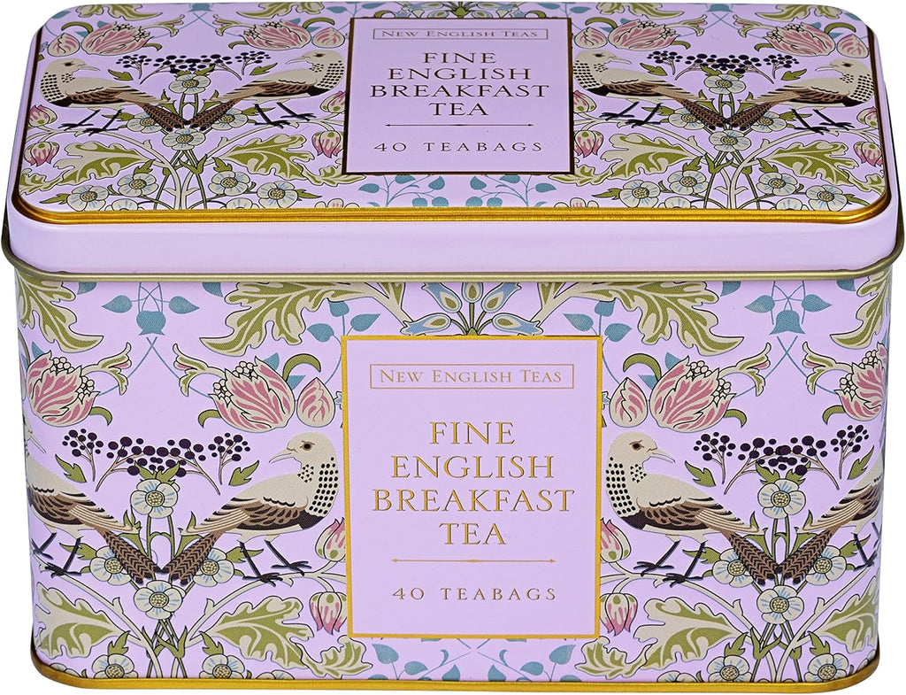 New English Teas Song Thrush and Berries Tea Tin in Pink with 40 English Breakfast Teabags