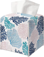 Coastal Tissue Box Cover — Blue Nautical Ocean Beach Coral Decorative Square Faux Leather Tissue Box Holder Dispenser, Coastal Accessories for Bathroom Car Home