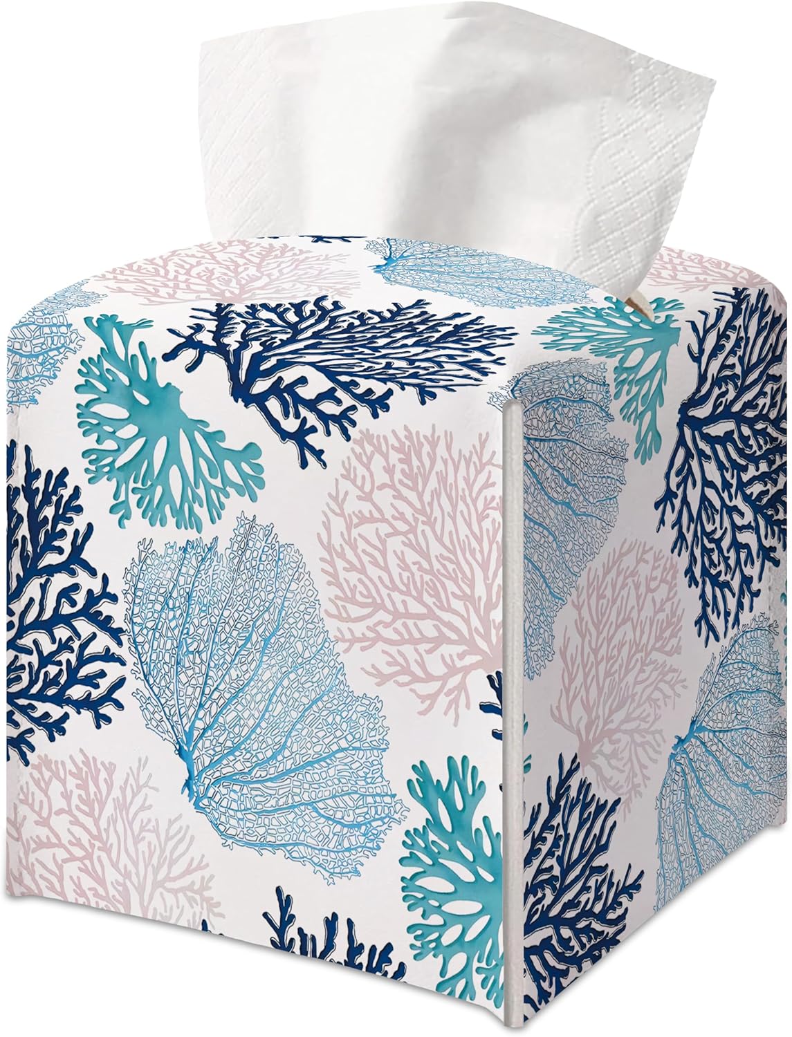 Coastal Tissue Box Cover — Blue Nautical Ocean Beach Coral Decorative Square Faux Leather Tissue Box Holder Dispenser, Coastal Accessories for Bathroom Car Home