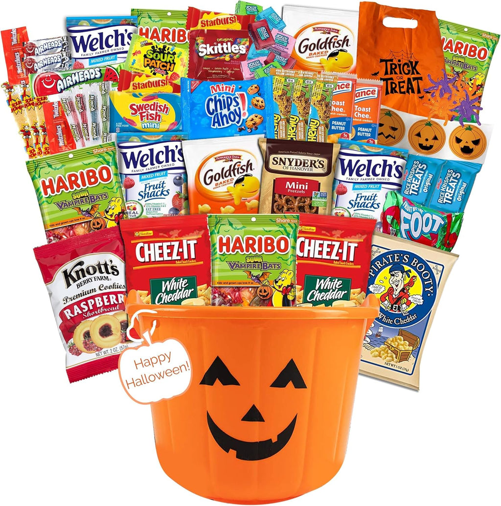 Halloween Snacks Gift Basket with Candy, Cookies, Bars & Snacks (38 Count) - Fun Halloween Care Package for College Students, Teens & Adults, Trick or Treat Sampler for Parties & Sharing