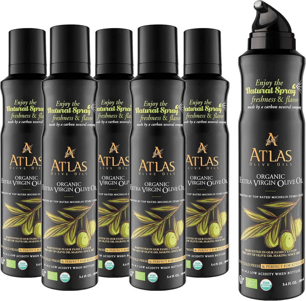 Olive Oil Spray by Atlas, Dual Function Olive Oil Cooking Spray and Stream, 5.4 fl oz, 6 Pack, Extra Virgin, Non Stick, Cold Pressed, Polyphenol Rich, Organic Moroccan EVOO, Hydroxytyrosol, Keto