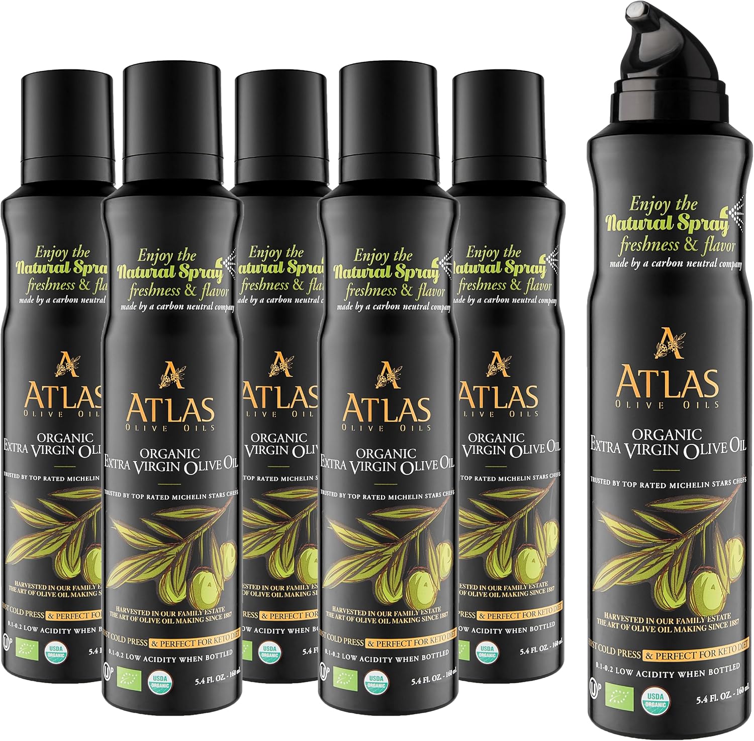 Olive Oil Spray by Atlas, Dual Function Olive Oil Cooking Spray and Stream, 5.4 fl oz, 6 Pack, Extra Virgin, Non Stick, Cold Pressed, Polyphenol Rich, Organic Moroccan EVOO, Hydroxytyrosol, Keto