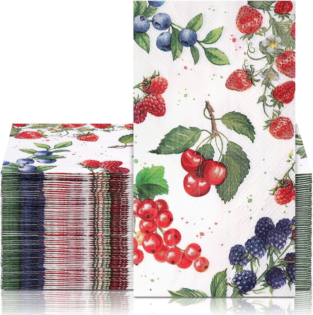 Supervitae 50 Pack Summer Fruit Paper Guest Napkins 3 Ply Disposable Summer Berry Hand Towels Fruit Decorative Paper Bathroom Napkins for Baby Shower Birthday Holiday Table Home Party Supplies