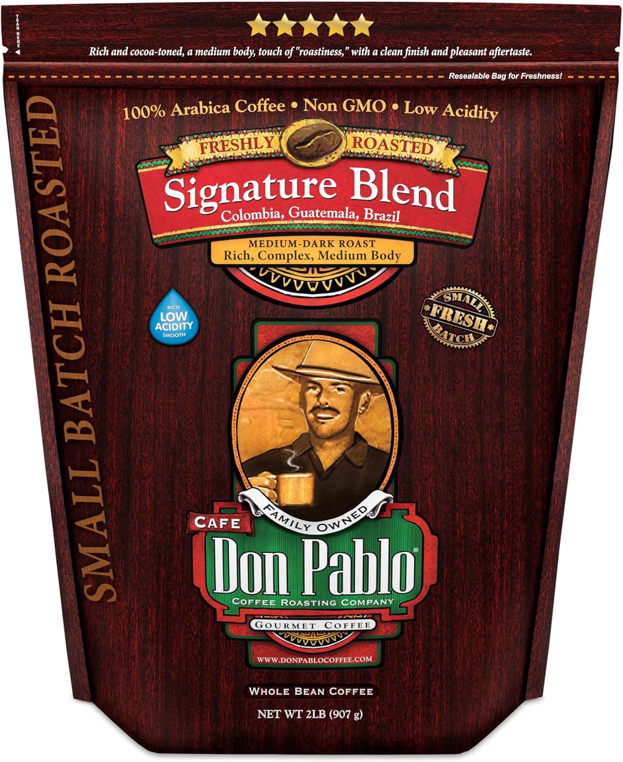 Don Pablo Gourmet Coffee - Signature Blend - Medium Dark Roast - Whole Bean Coffee - 100% Arabica Beans - Low Acidity and Non-GMO (2 Pound, Original)