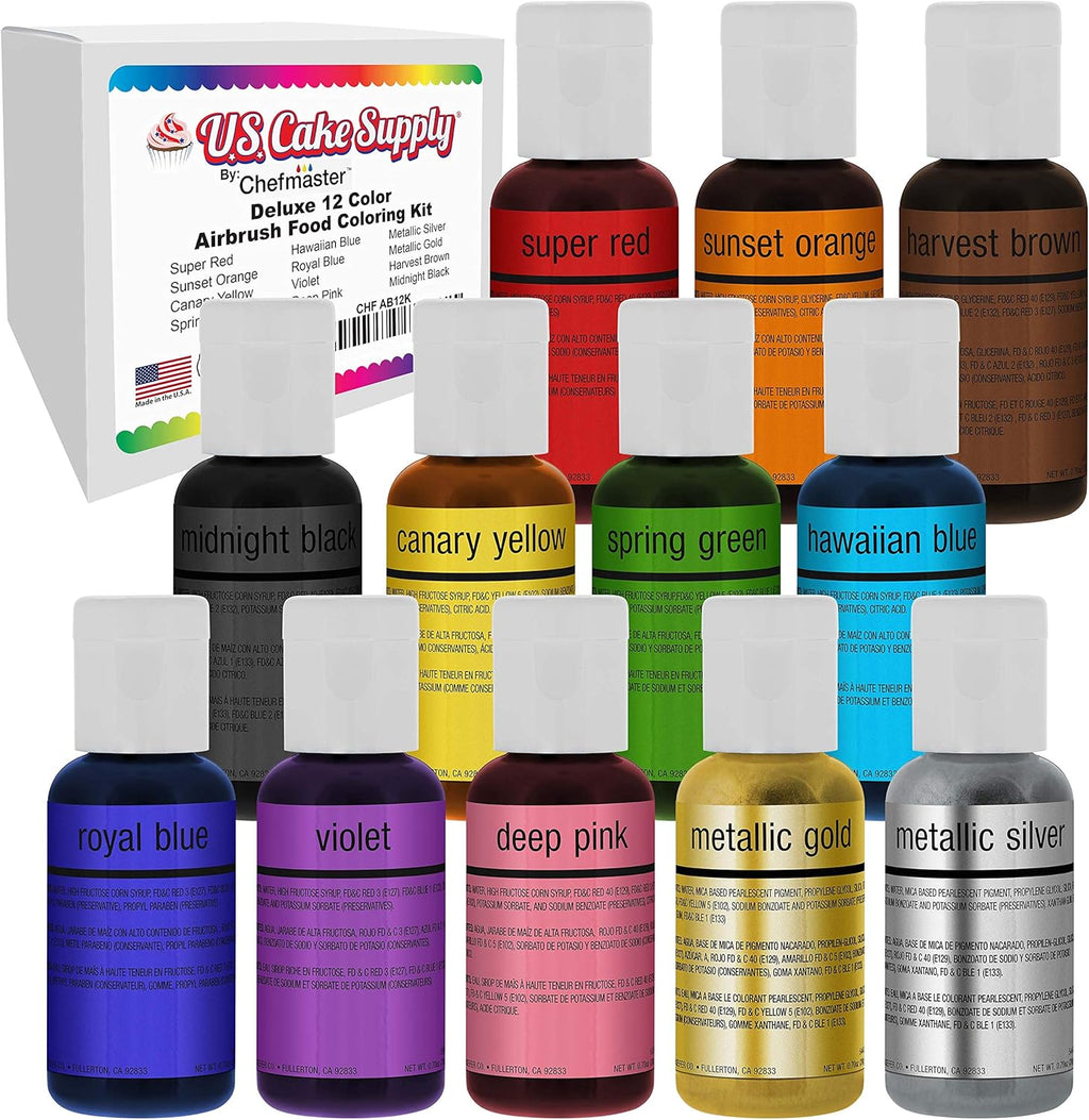 U.S. Cake Supply Airbrush Cake Color Set - The 12 Most Popular Colors in 0.64 fl. oz. (19ml) Bottles Made in the USA