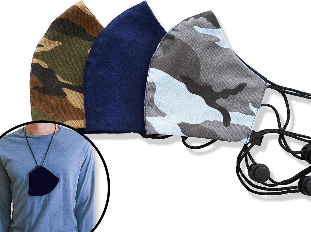 HOPE LOVE SHINE 3-Pack Reusable Face Masks with Lanyard – Camouflage Pattern – Breathable Cotton, Adjustable & Washable Cloth Masks for Adults, Unisex
