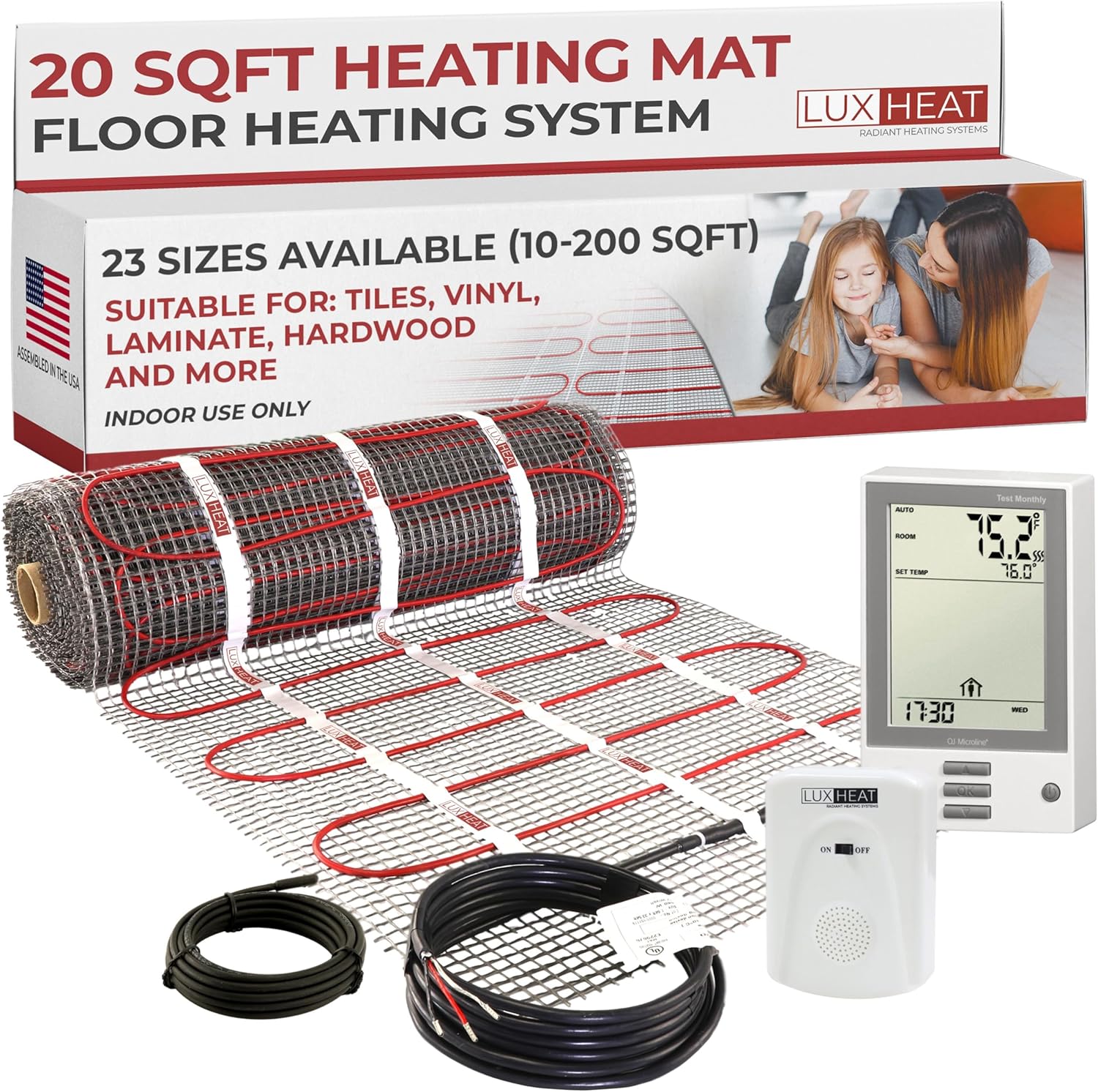 LuxHeat 20sqft Floor Heating Mat Kit - 120v in Floor Heating System - Complete Electric Radiant Heated Flooring System Includes Alarm, UDG Programmable Thermostat w/GFCI & Flooring Sensor
