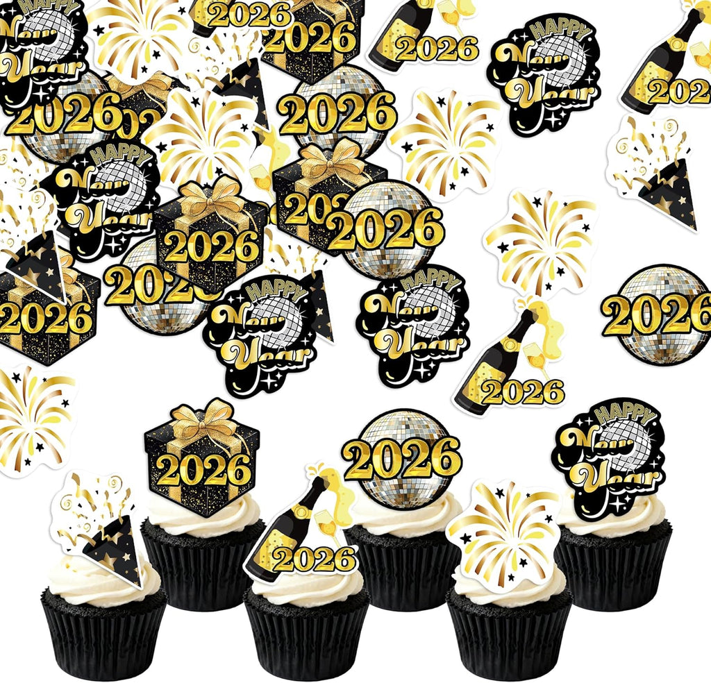 42Pcs Edible Happy New Year Cupcake Toppers Wafer Paper 2026 New Years Eve Party Decorations Picks for 2026 New Years Eve Party Supplies