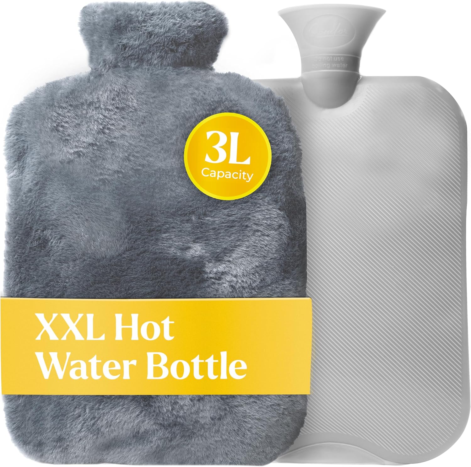 Qomfor XXL Large Hot Water Bottle with Faux Fur Cover – Cozy 3L Hot Water Bottle for Bed Warming, Pain Relief, Cramps & Back Pain – Durable, Safe, & Long-Lasting Water Hot Bottle for Sleeping (Grey)