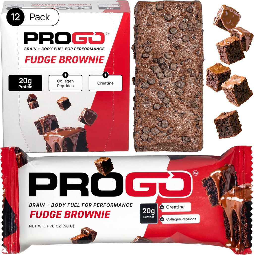 ProGo Protein Bars (12 Pack) – Brain + Body Fuel with 20g Clean Protein, Creatine & Collagen Peptides, Made with 95% Pure Isolate, Grass-Fed Beef Tallow, No Fillers, Naturally Sweetened with Honey, Gluten-Free (Fudge Brownie)