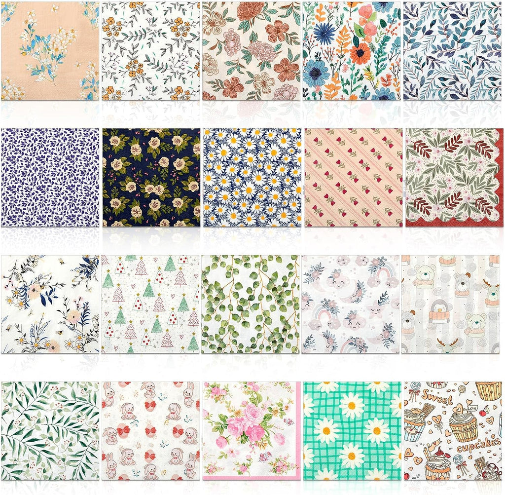Crtiin 20 Pack Decoupage Napkins Floral Napkins Flower Cocktail Paper Decorative Toilet for Valentine's Day Birthday Party Beautiful Gorgeous, 20 Styles Each 6.5 Inches(Style 11)