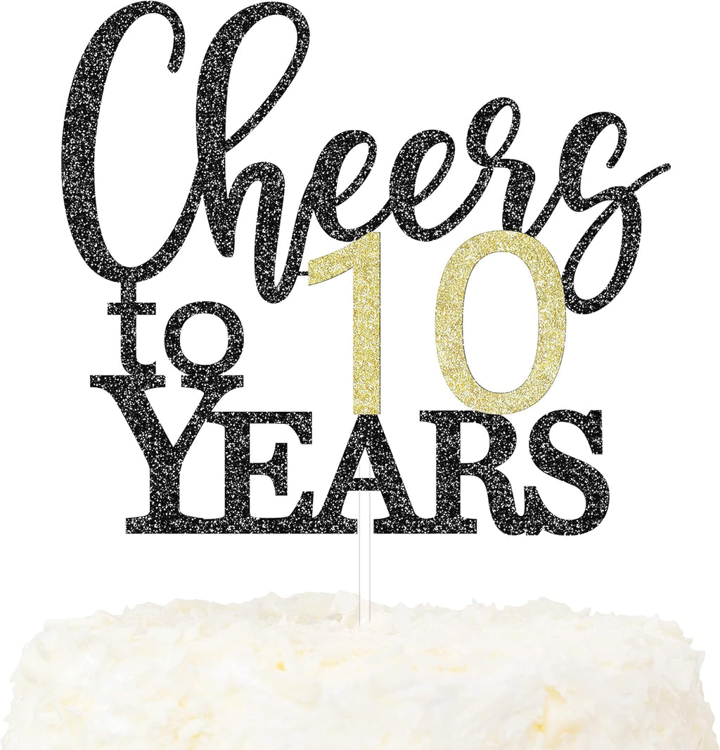 LOVENJOY Cheers to 10 Years Cake Topper for Happy 10th Birthday Anniversary Cake Decorations, Dual-Side Glitter Black and Gold