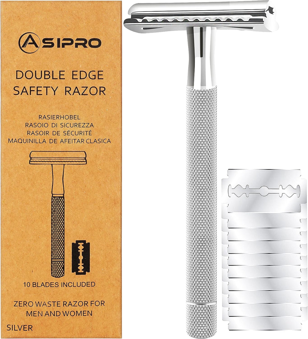 Safety Razor for Men & Women with 10 Double Edge Safety Razor Blades Reusable Double Edge Razor Single Blade Razors for Women & Men Kit Gift Metal Razors Stainless