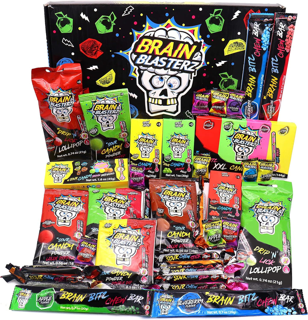 Brain Blasterz Sour Candy Large Gift Box, Hard Sour Candy, Sour Chew Bar, Lollipop, Sour Powder, Mixed Flavours, Birthday Candy Gift, Halloween Candy, 36 pieces, 1.7lbs