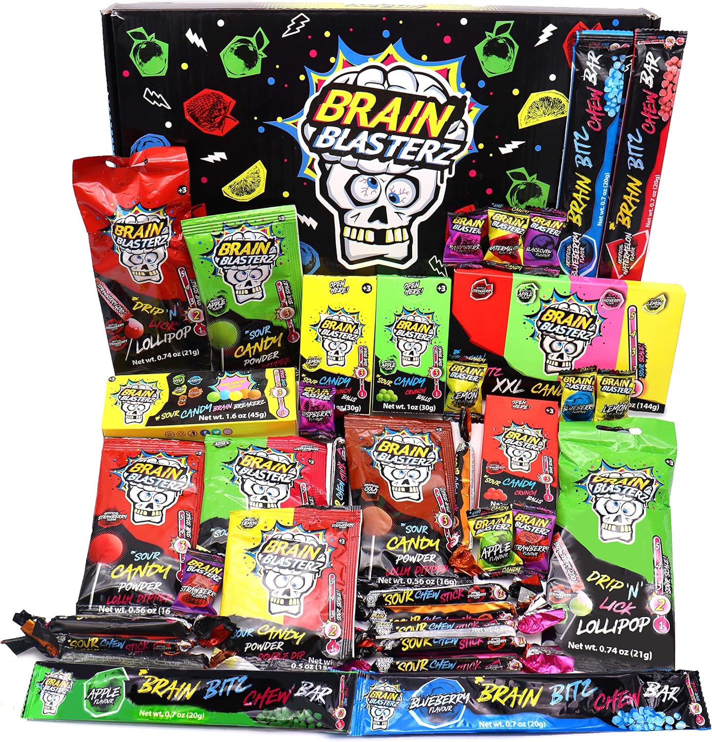 Brain Blasterz Sour Candy Large Gift Box, Hard Sour Candy, Sour Chew Bar, Lollipop, Sour Powder, Mixed Flavours, Birthday Candy Gift, Halloween Candy, 36 pieces, 1.7lbs