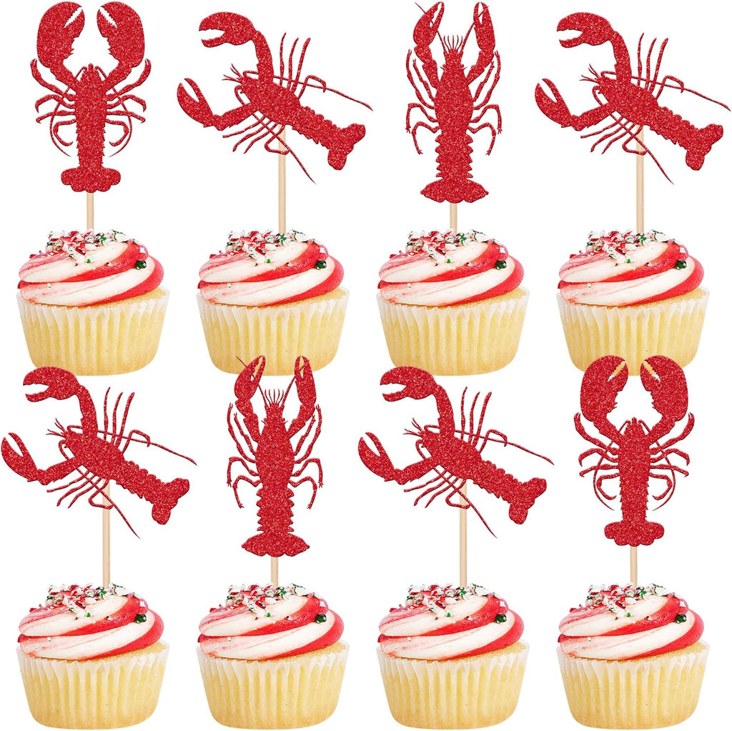 24 PCS Crawfish Cupcake Toppers Red Glitter Lobster Cupcake Picks Crawfish Party Decorations for Ocean Lobster Theme Let's Get Cray Carnival Baby Shower Birthday Party Cake Decorations Supplies