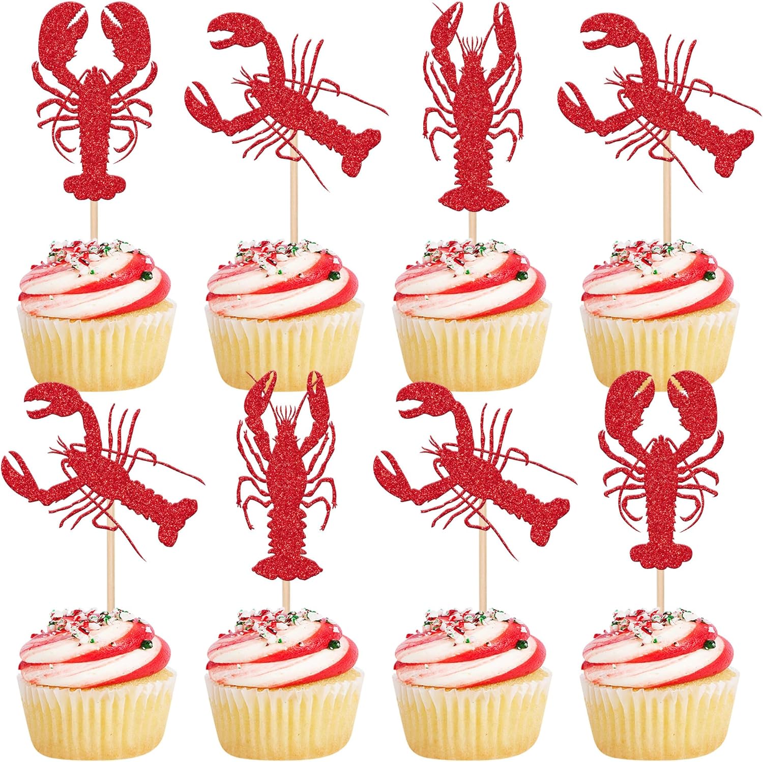 24 PCS Crawfish Cupcake Toppers Red Glitter Lobster Cupcake Picks Crawfish Party Decorations for Ocean Lobster Theme Let's Get Cray Carnival Baby Shower Birthday Party Cake Decorations Supplies