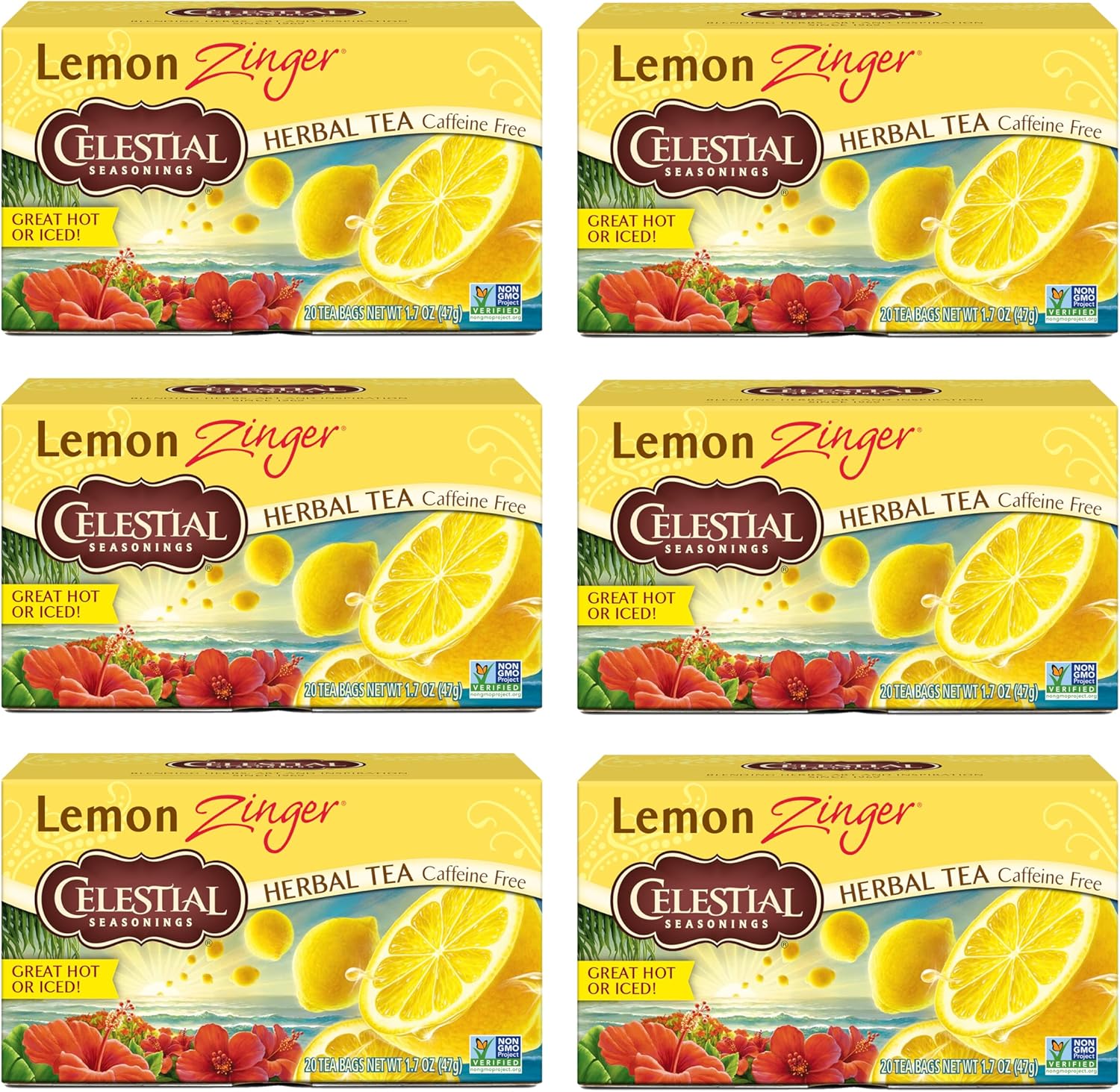 Celestial Seasonings Lemon Zinger Herbal Tea, Caffeine Free, 20 Tea Bags Box, 6-Pack