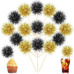 Chinco 100 Pcs Foil Firework Cupcake Toppers Black and Gold Sparkle Tinsel Cake Toppers New Year Cake Decoration Cocktail Fruit Toothpick for Birthday Wedding Graduation Party