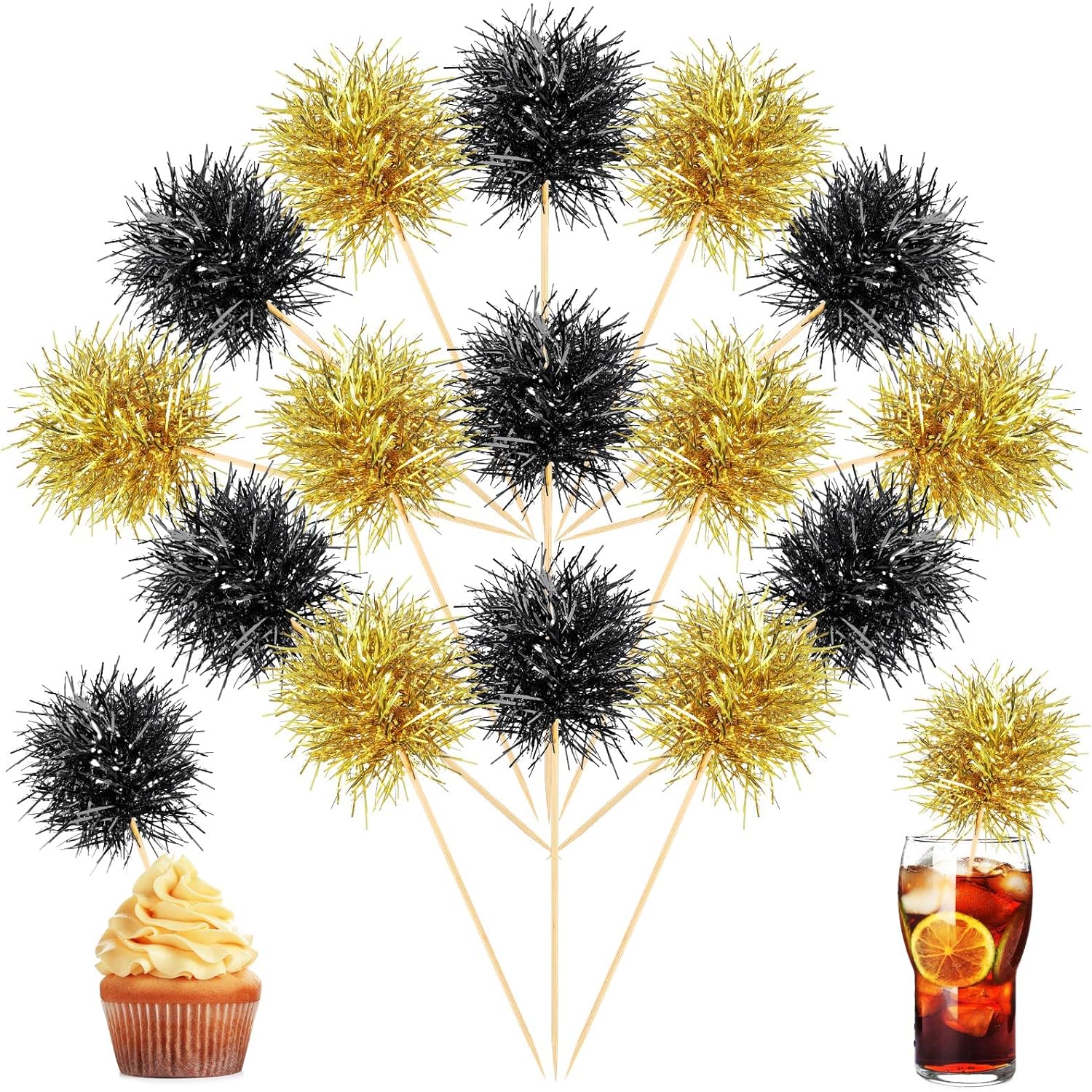 Chinco 100 Pcs Foil Firework Cupcake Toppers Black and Gold Sparkle Tinsel Cake Toppers New Year Cake Decoration Cocktail Fruit Toothpick for Birthday Wedding Graduation Party
