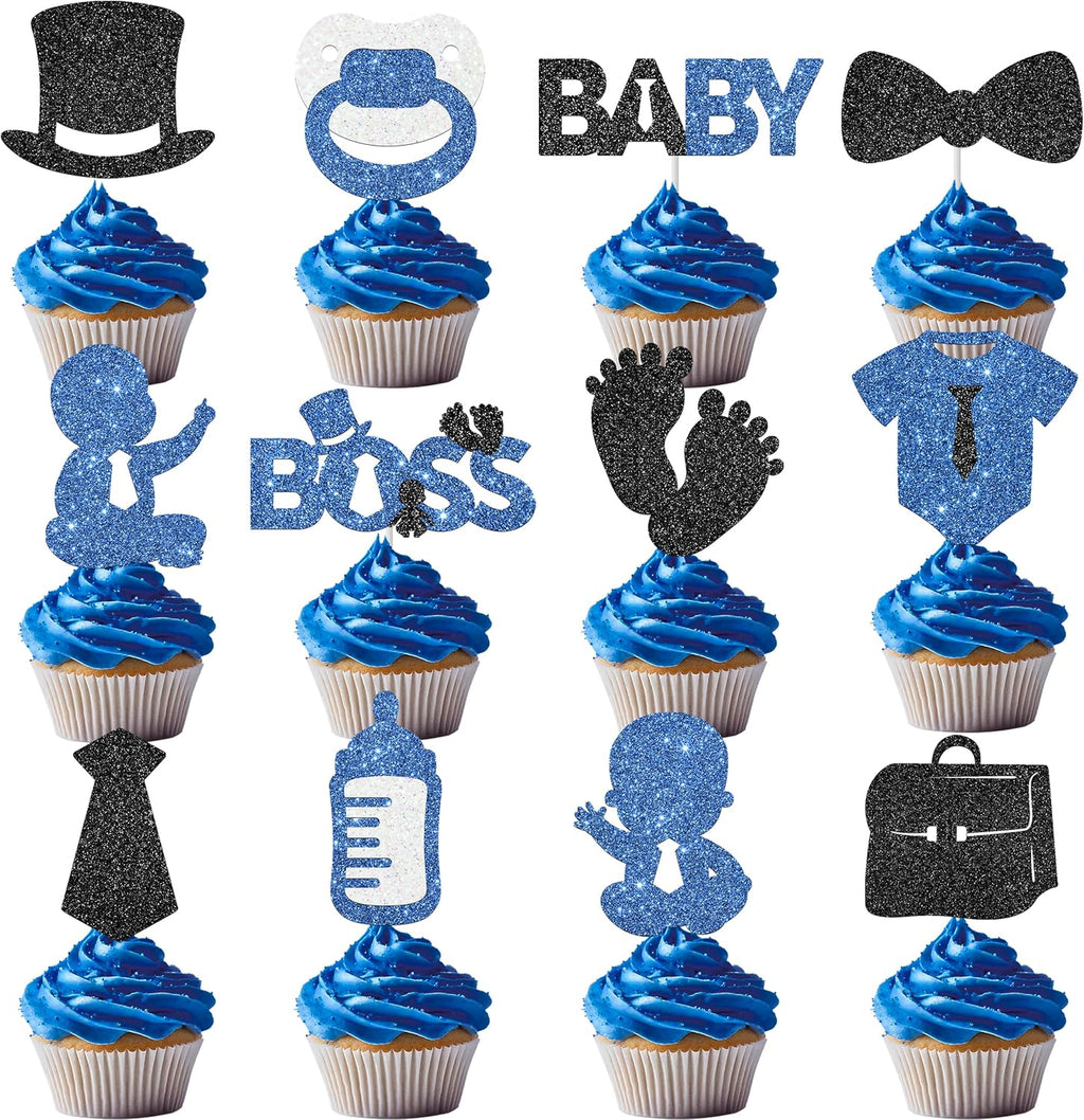 Glitter 24Pcs Boss Boy Baby Shower Party Cupcake Toppers for Gender Reveal Baby Boys 1st Birthday Party Decoration Supplies